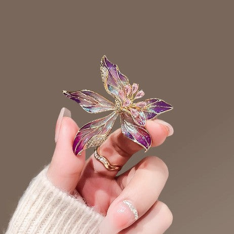 Purple Flower Brooch with Enamel Petals and Crystals