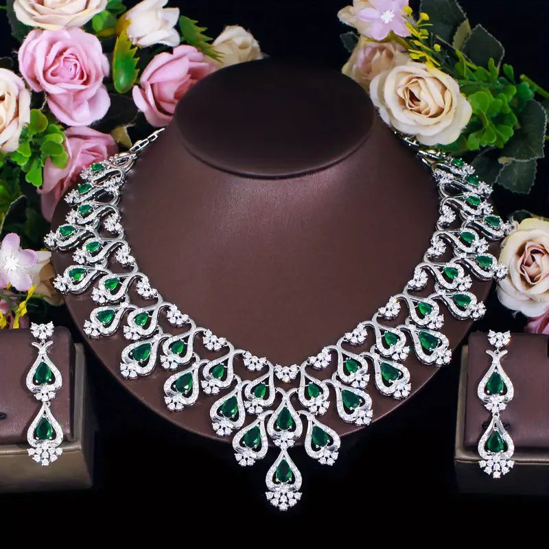 Emerald Green Cubic Zirconia Statement Necklace & Earrings Set