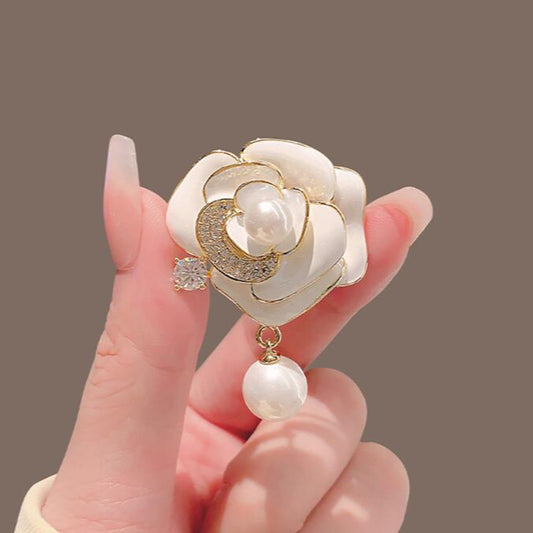 Elegant white rose brooch with pearls and crystals