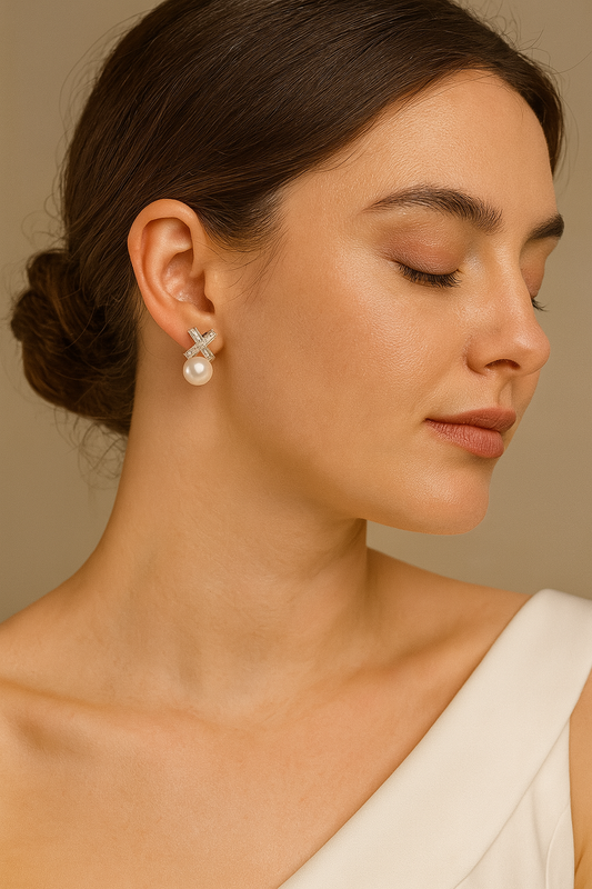 Genuine pearl earrings with zirconia X-top