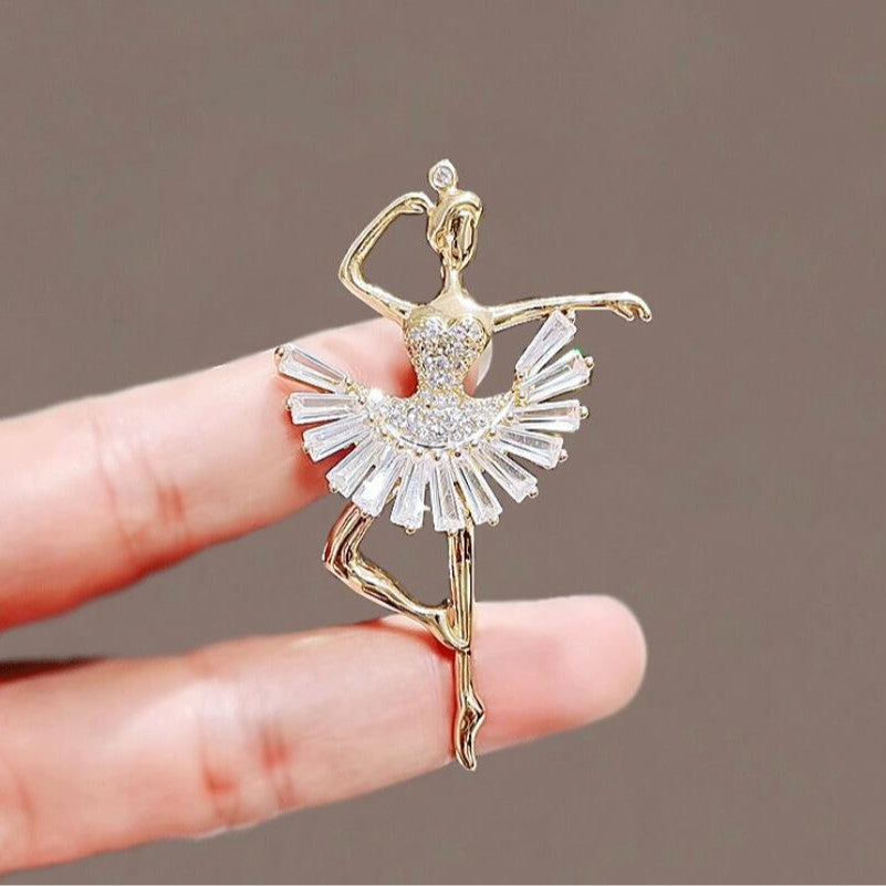 Gold Ballerina Brooch with Crystal Dress