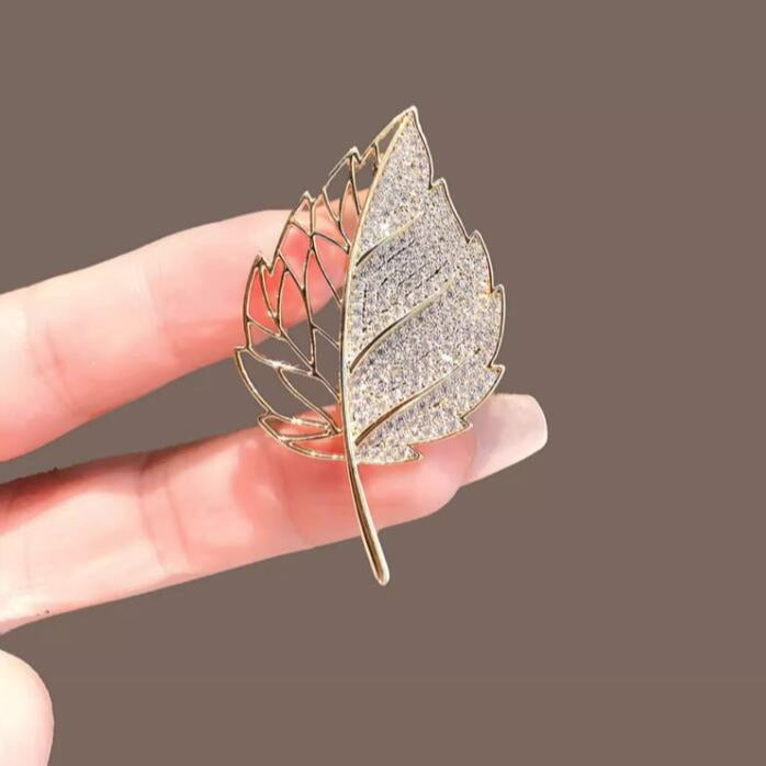 Luxury minimalist leaf brooch with pavé crystals