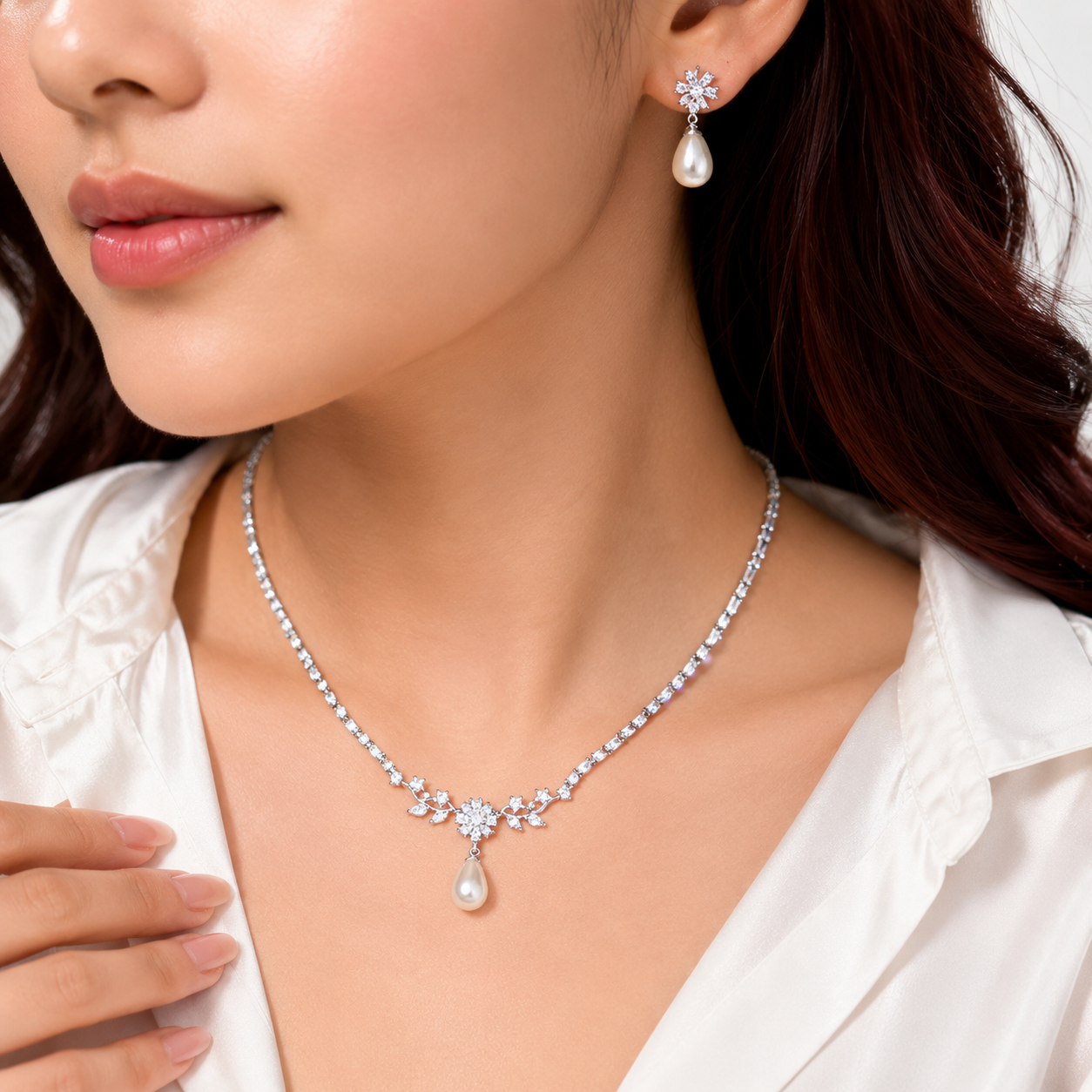 Pearl Drop Cubic Zirconia Necklace & Earrings Set