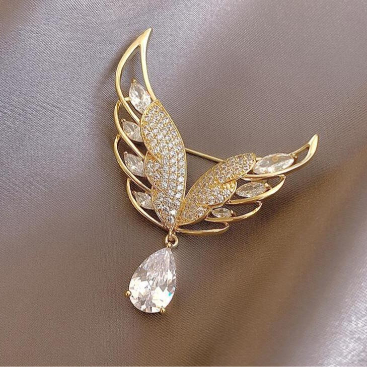 Gold Wing Brooch with Crystals and Teardrop Pendant
