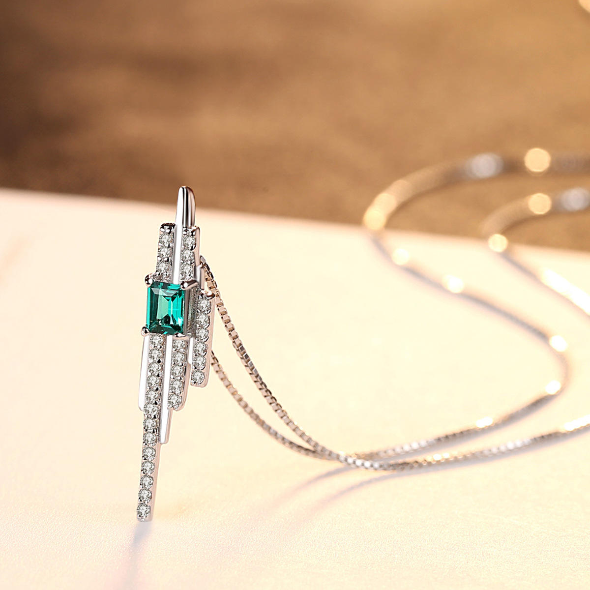 Lunara Luxe 925 Sterling Silver Pendant Necklace with Emerald Cut Artificial Gemstone
