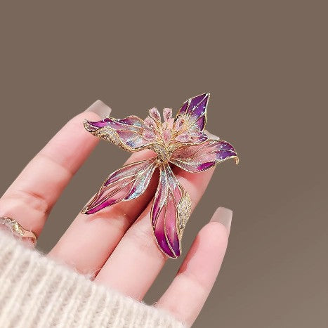 Purple Flower Brooch with Enamel Petals and Crystals