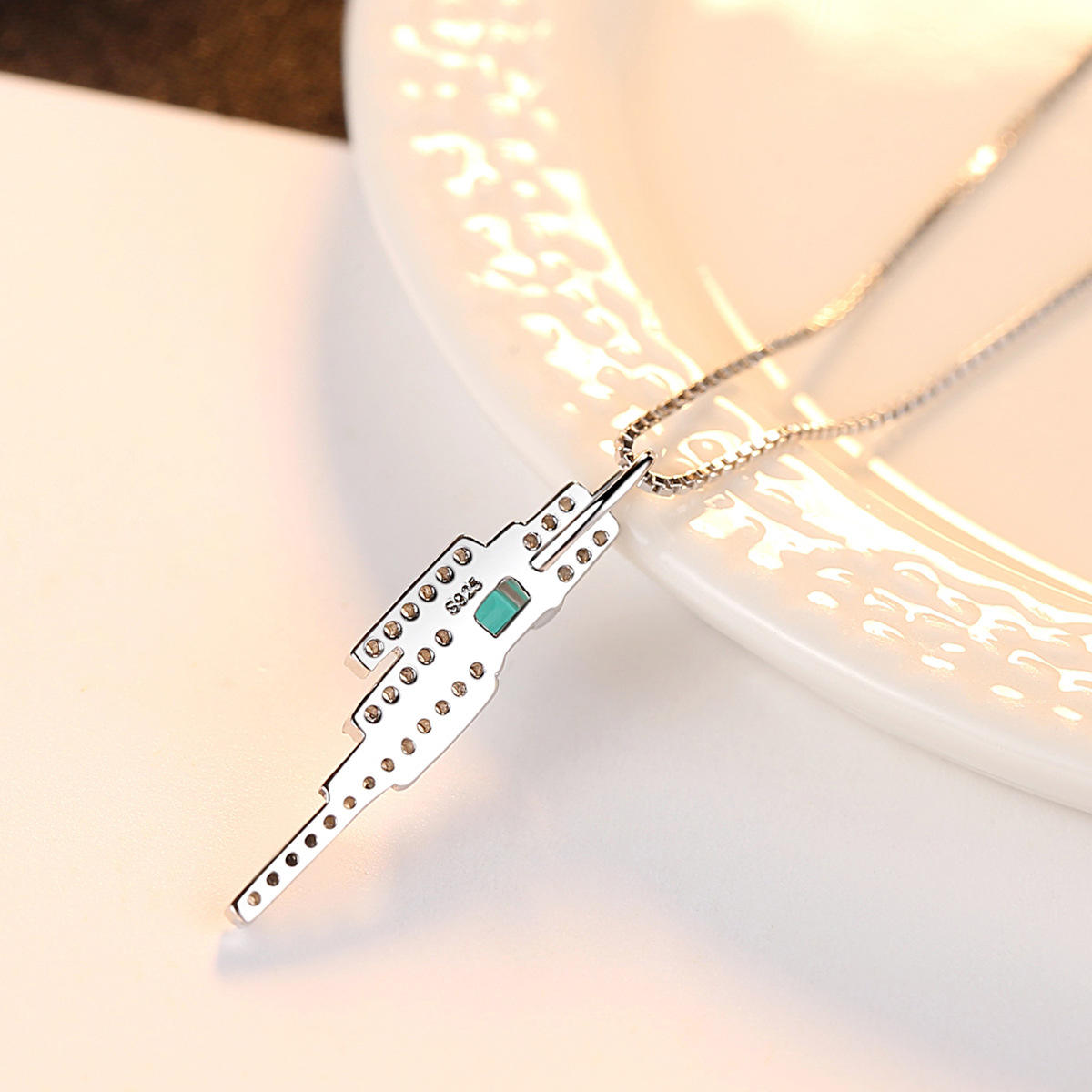 Lunara Luxe 925 Sterling Silver Pendant Necklace with Emerald Cut Artificial Gemstone