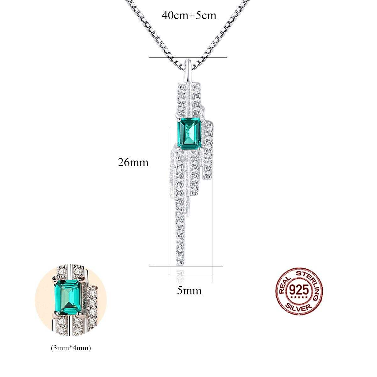 Lunara Luxe 925 Sterling Silver Pendant Necklace with Emerald Cut Artificial Gemstone