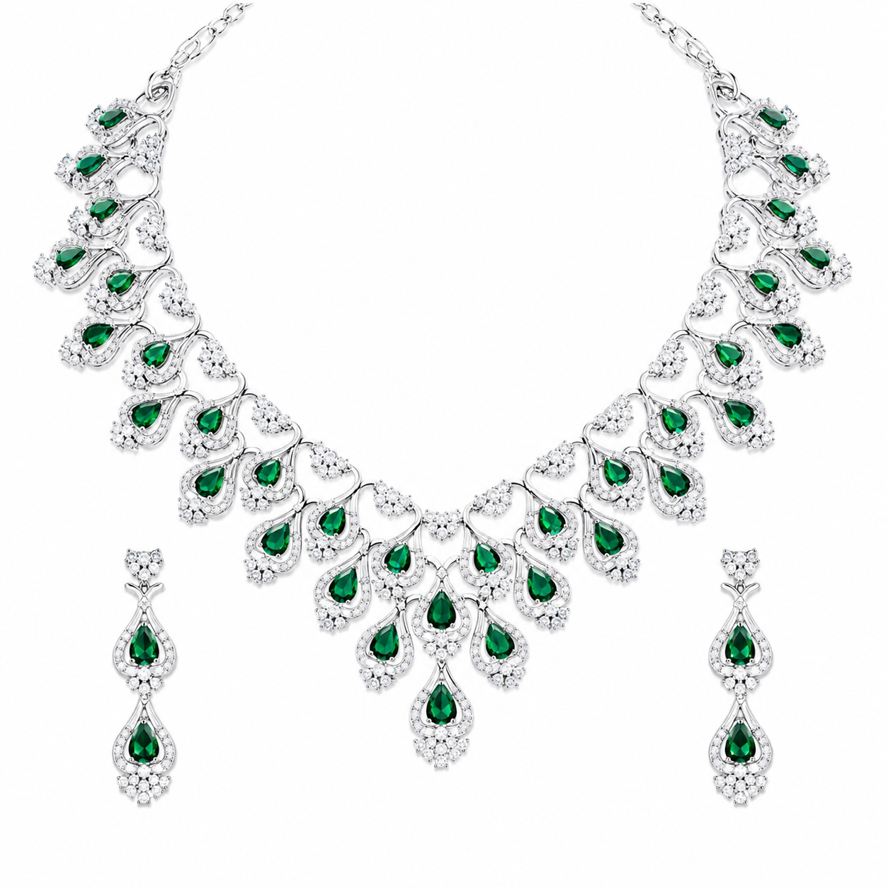 Emerald Green Cubic Zirconia Statement Necklace & Earrings Set