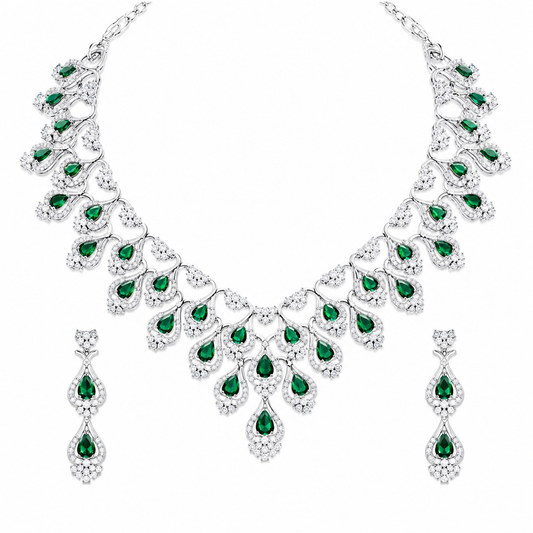 Emerald Green Cubic Zirconia Statement Necklace & Earrings Set