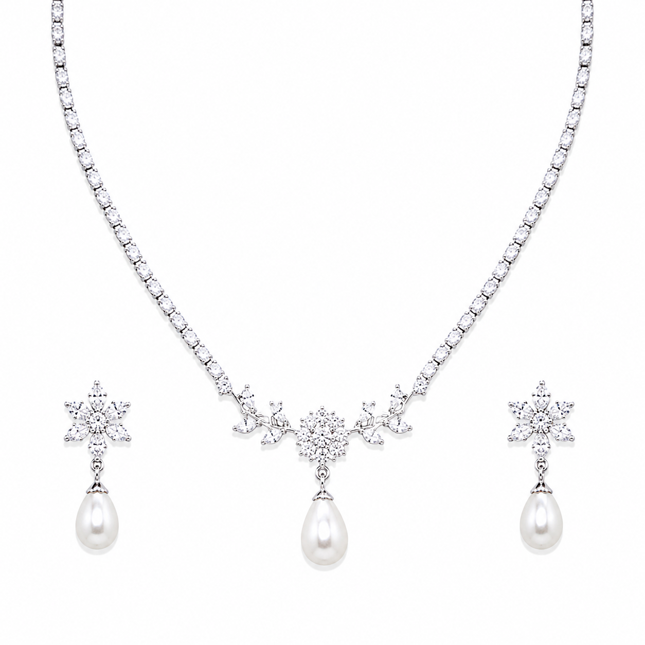 Pearl Drop Cubic Zirconia Necklace & Earrings Set