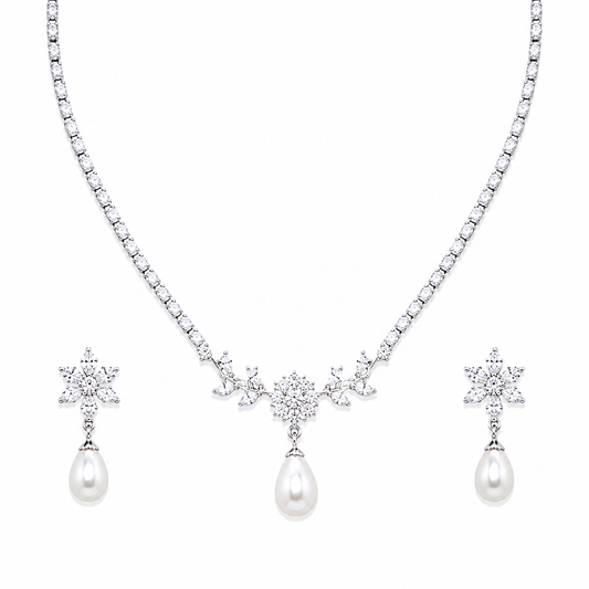 Pearl Drop Cubic Zirconia Necklace & Earrings Set