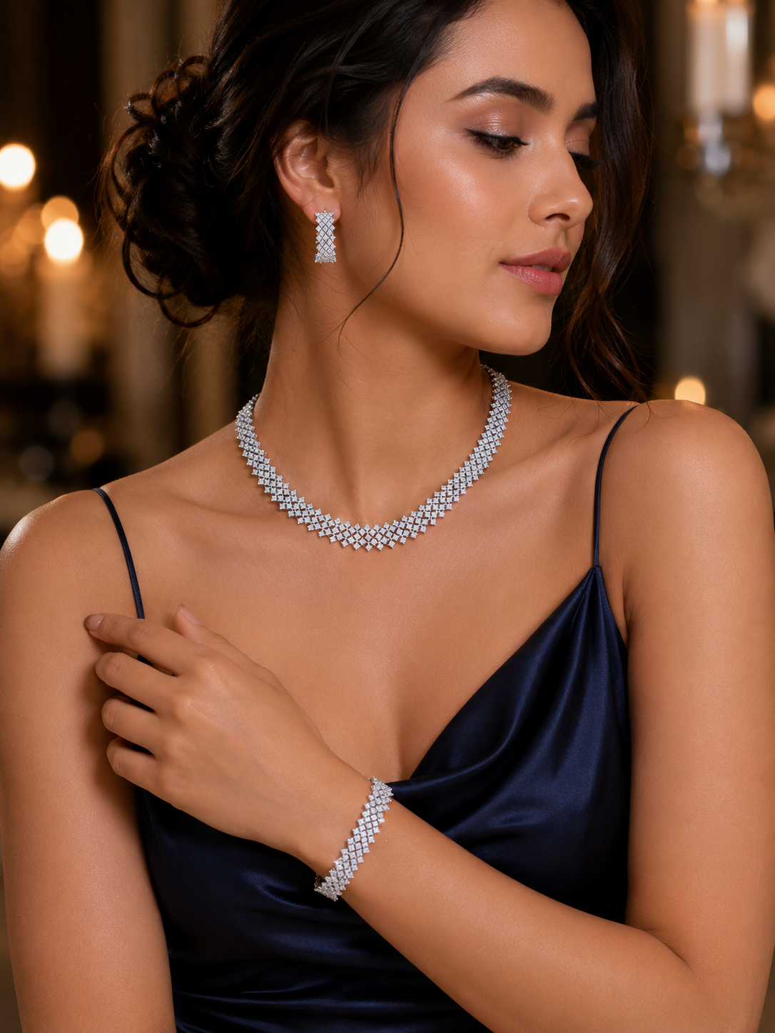 Elegant Cubic Zirconia Necklace, Earrings & Bracelet Set