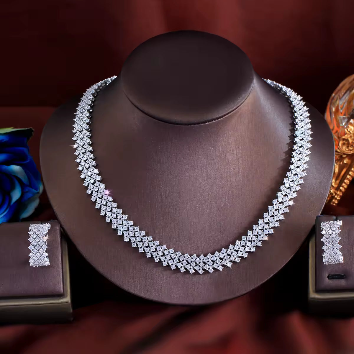 Elegant Cubic Zirconia Necklace, Earrings & Bracelet Set
