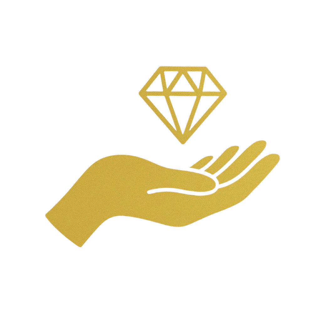 Gold hand holding a gold diamond on a beige background
