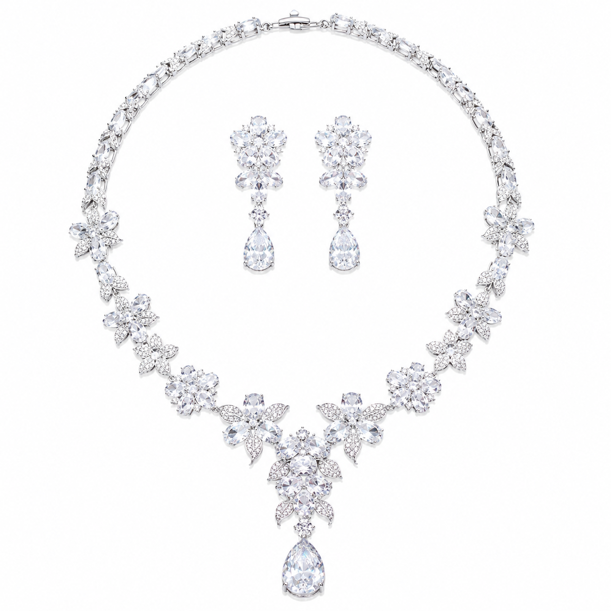 Floral Cubic Zirconia Statement Necklace & Earrings Set