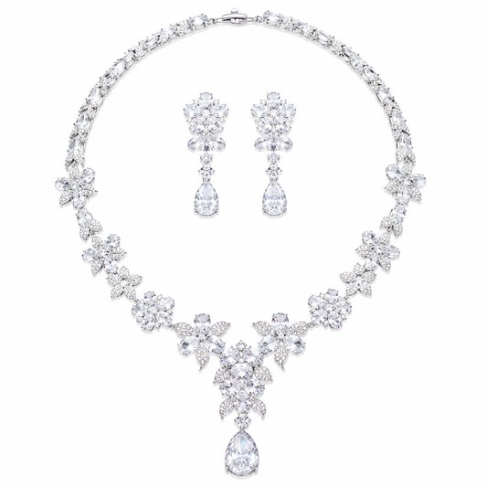Floral Cubic Zirconia Statement Necklace & Earrings Set