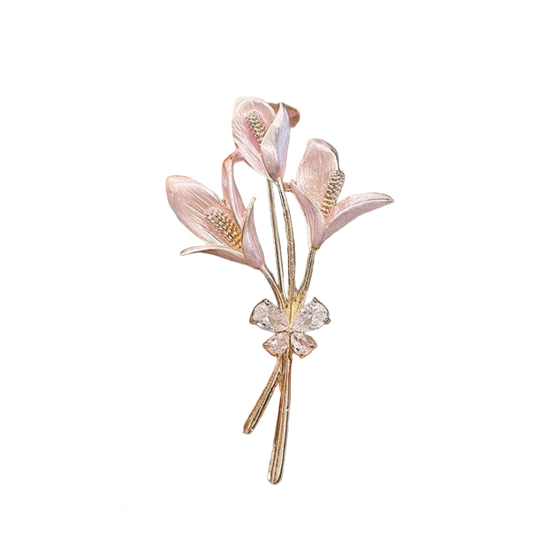 Elegant pink lily flower brooch with enamel petals