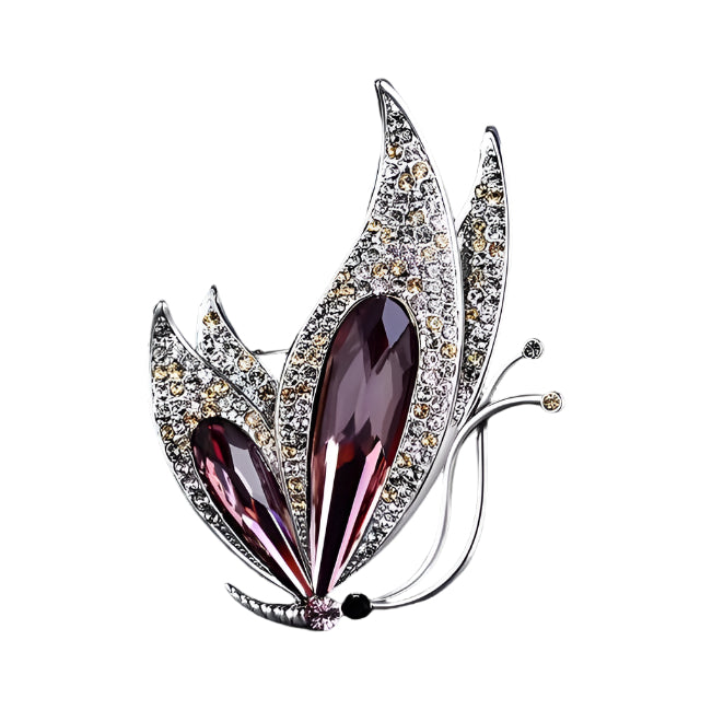Elegant silver butterfly brooch with purple crystals