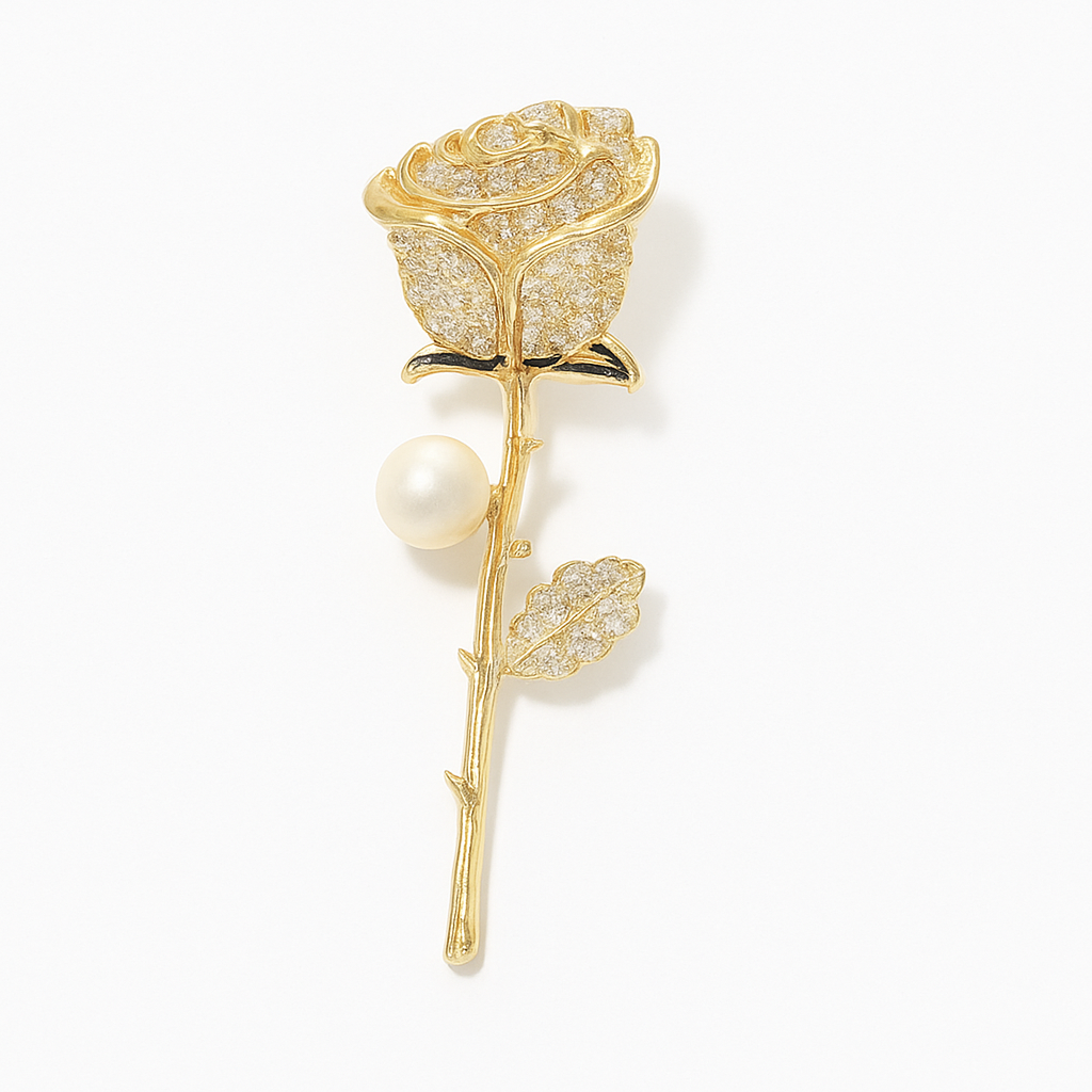 Gold crystal rose brooch with pearl on stem