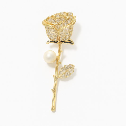 Gold crystal rose brooch with pearl on stem
