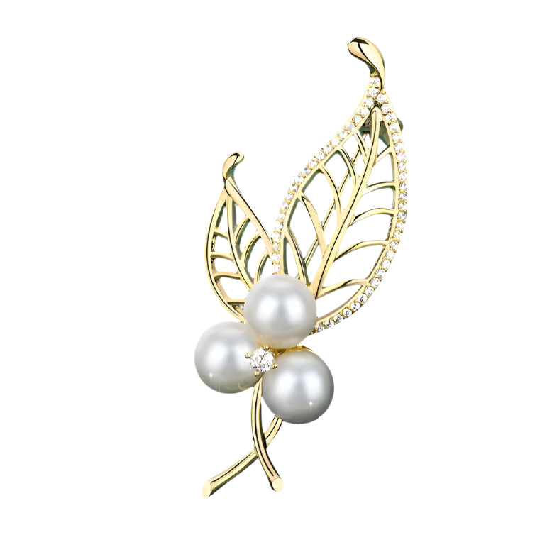 Gold leaf pearl brooch with three white pearls