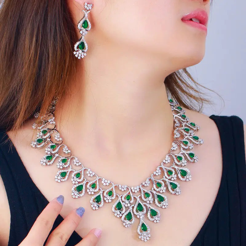 Emerald Green Cubic Zirconia Statement Necklace & Earrings Set