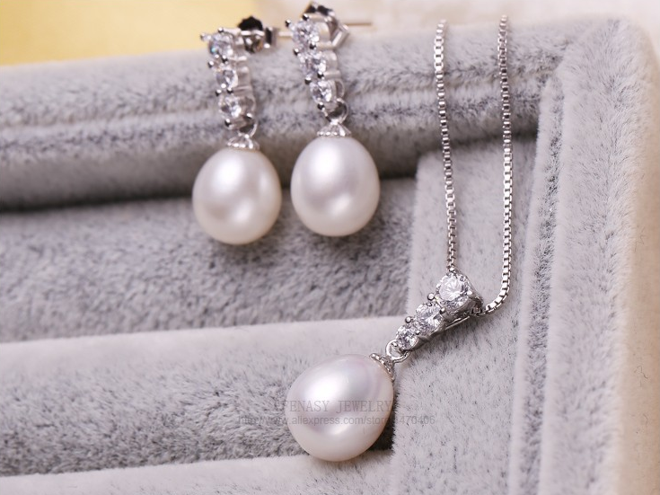 Freshwater Pearl Bridal Jewelry Set – 8mm Pearls in Silver-Plated 925 Sterling Silver