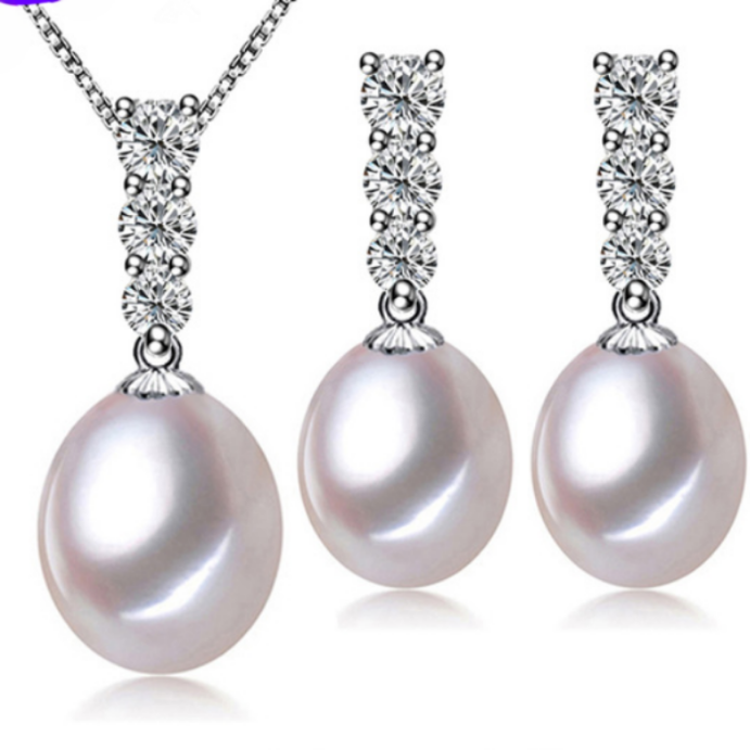 Freshwater Pearl Bridal Jewelry Set – 8mm Pearls in Silver-Plated 925 Sterling Silver