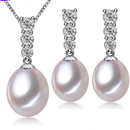 Freshwater Pearl Bridal Jewelry Set – 8mm Pearls in Silver-Plated 925 Sterling Silver