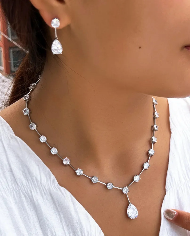 Minimalist Cubic Zirconia Solitaire Necklace & Drop Earrings Set
