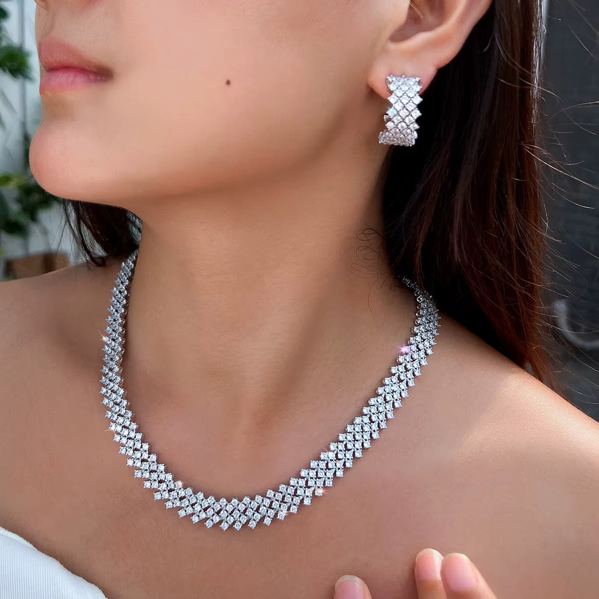 Elegant Cubic Zirconia Necklace, Earrings & Bracelet Set