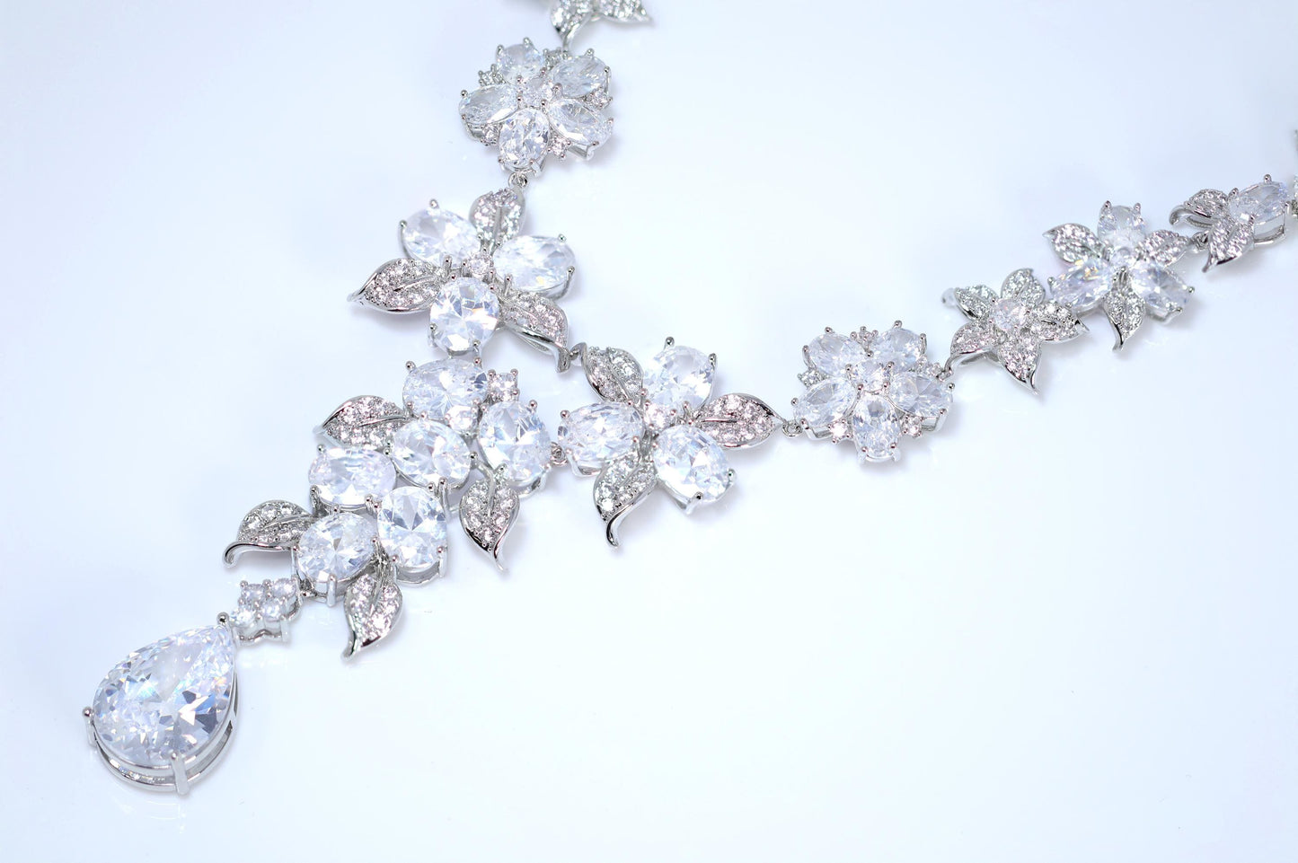 Floral Cubic Zirconia Statement Necklace & Earrings Set