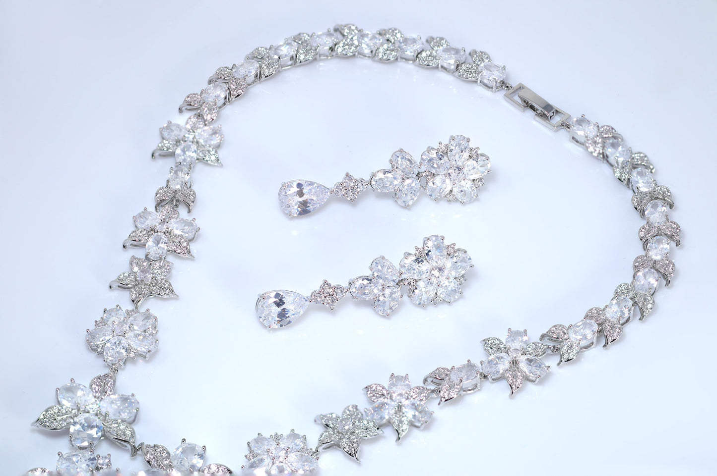 Floral Cubic Zirconia Statement Necklace & Earrings Set