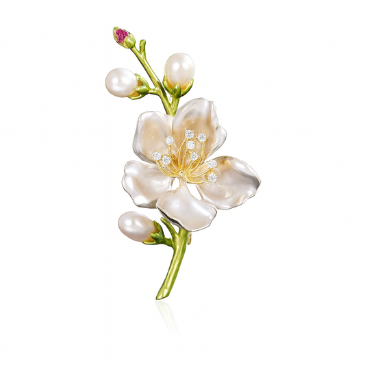 Luxury floral brooch with pearl buds and crystal center