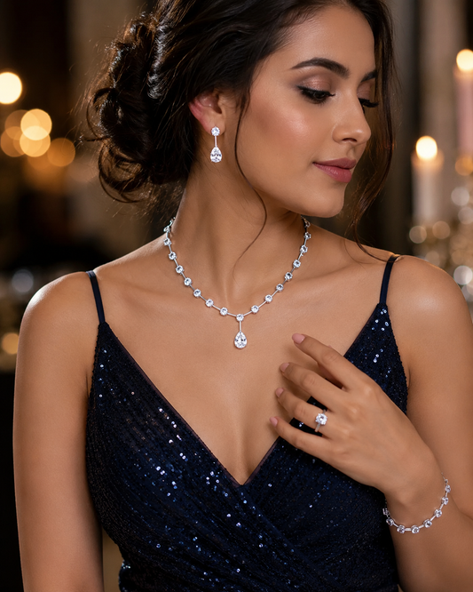 Minimalist Cubic Zirconia Solitaire Necklace & Drop Earrings Set
