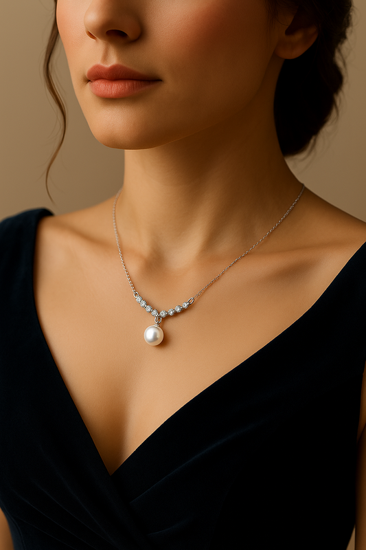 Elegant woman wearing Zewaraat's sterling silver pearl necklace with zircon details, styled with a western gown.