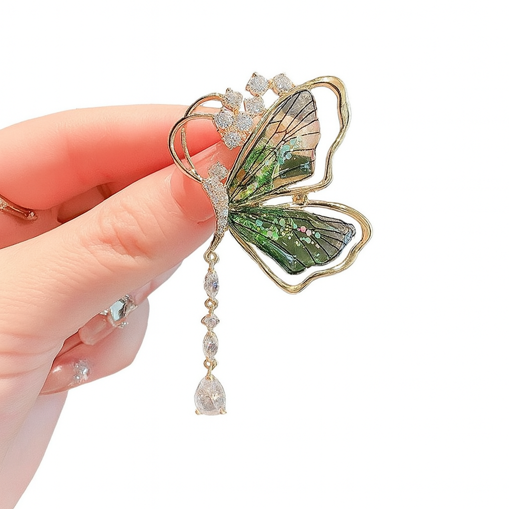 Nature-inspired butterfly brooch with crystals and shimmer

