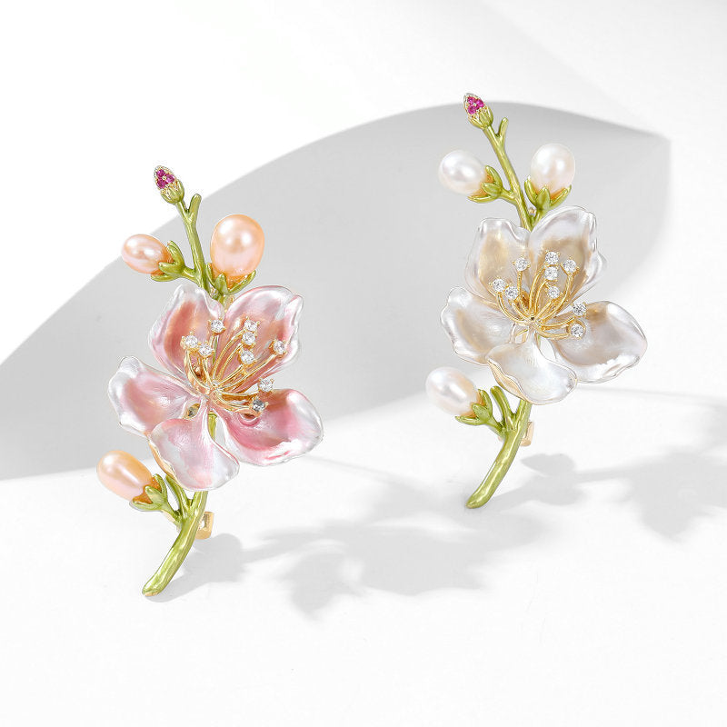 Pink and white enamel flower brooch pin with gold finish
