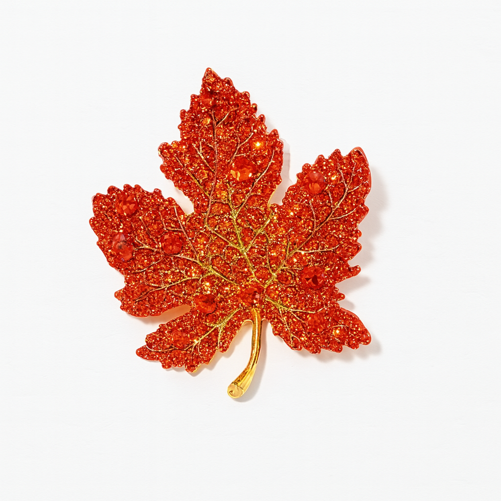 Red maple leaf brooch with gold plating and crystals