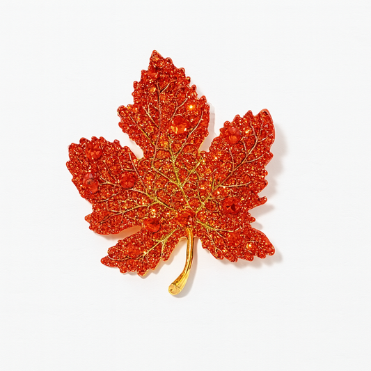 Red maple leaf brooch with gold plating and crystals