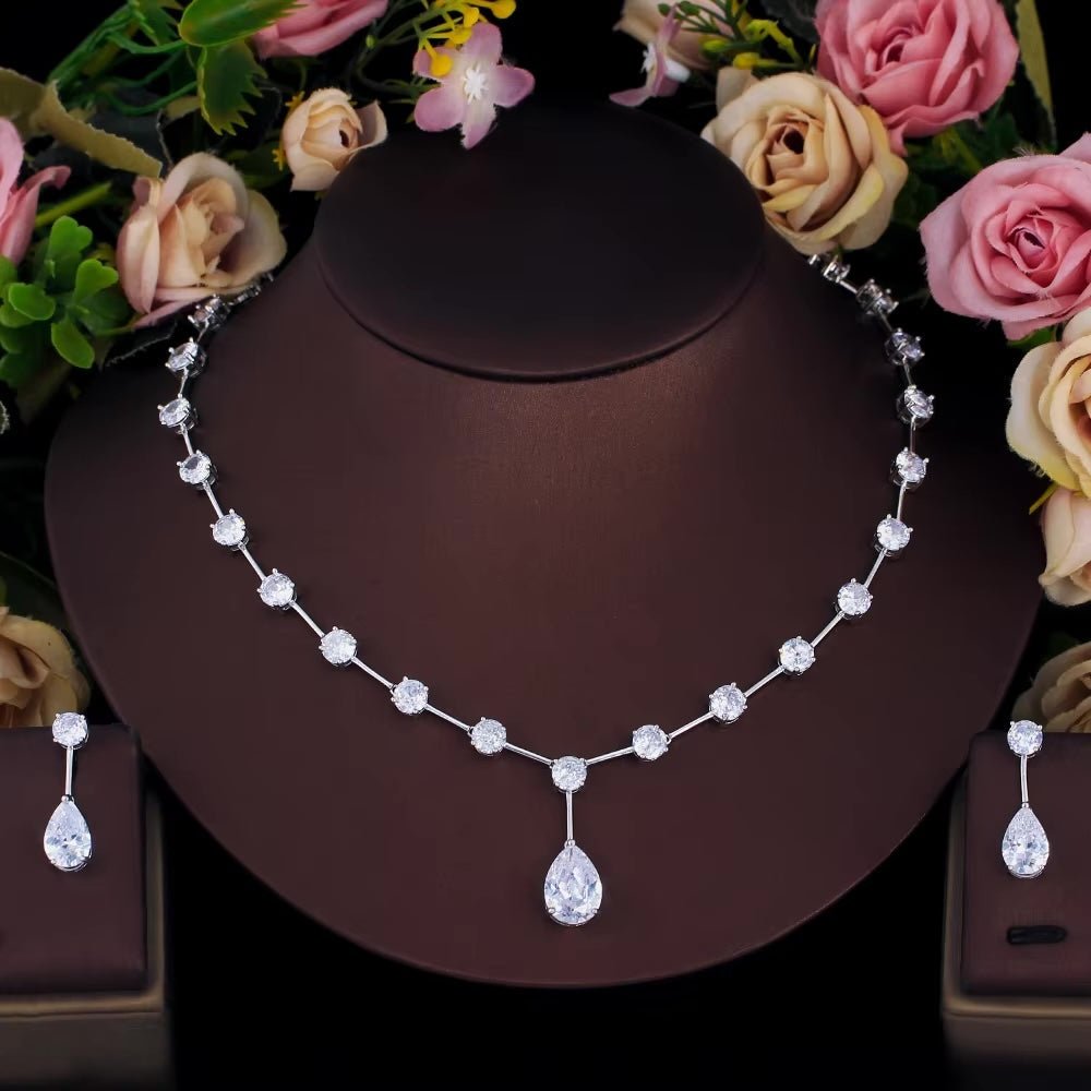 Minimalist Cubic Zirconia Solitaire Necklace & Drop Earrings Set