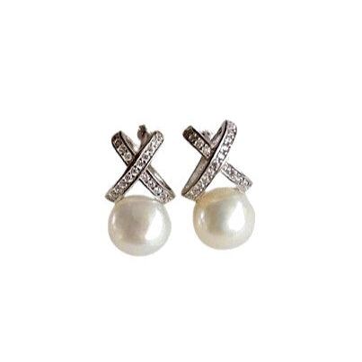 X-design freshwater pearl earrings in sterling silver