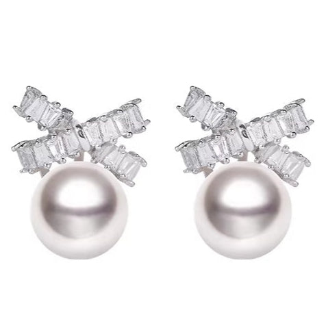 Elegant pearl stud earrings with baguette zirconia