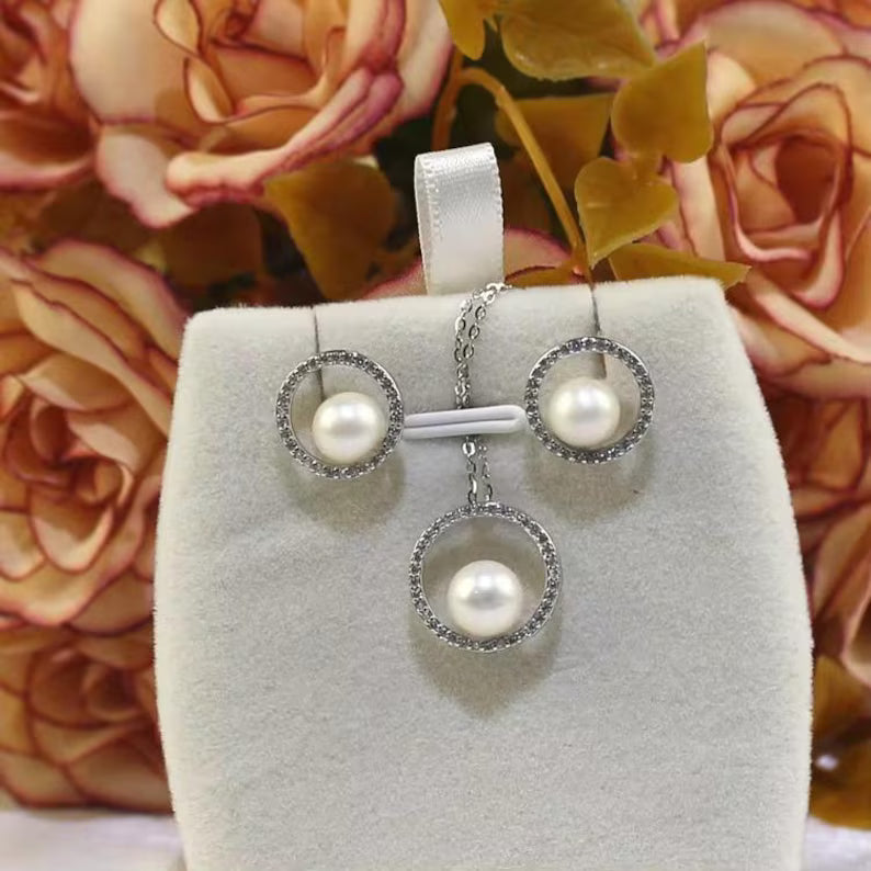 Sterling Silver Freshwater Pearl Jewelry Set: Necklace and Earrings with Cubic Zirconia Halo