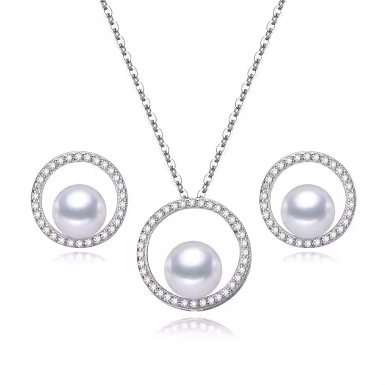 Sterling Silver Freshwater Pearl Jewelry Set: Necklace and Earrings with Cubic Zirconia Halo