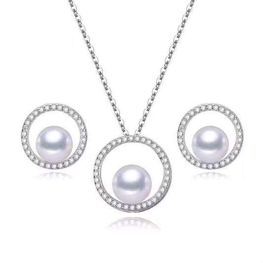 Sterling Silver Freshwater Pearl Jewelry Set: Necklace and Earrings with Cubic Zirconia Halo