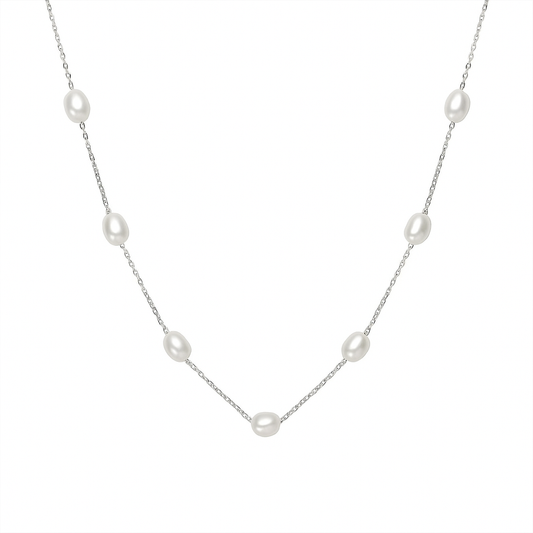 Floating freshwater pearl necklace with sterling silver chain and spaced natural pearls.