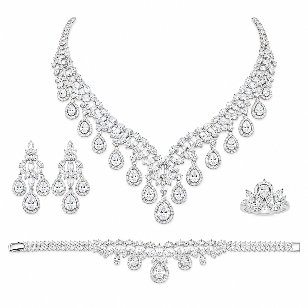Luxury Cubic Zirconia Bridal Jewelry Set with Bracelet & Ring